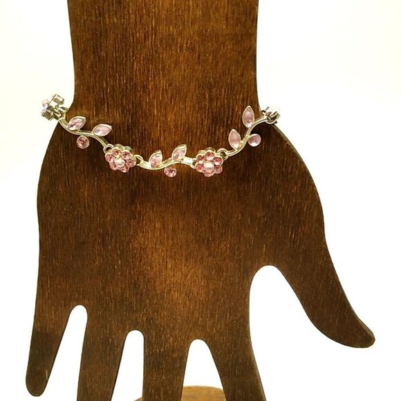 Dainty Pink Crystal Flower Vine Silver-tone Bracelet - Picture 2 of 12